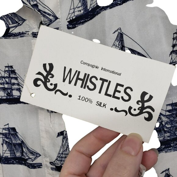 Vintage Whistles White Blue Nautical Sailboat Toile Print Silk Blouse Shorts Set - Picture 13 of 16